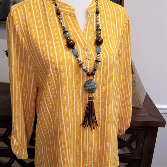 Wishful Park Brand Top Blouse Mustard Yellow White Stripes Size Large - Picture 3 of 12